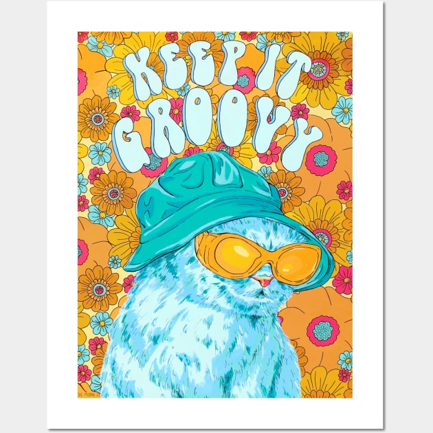 Keep It Groovy - Funky Floral Cat Wall Art by rosiemoonart